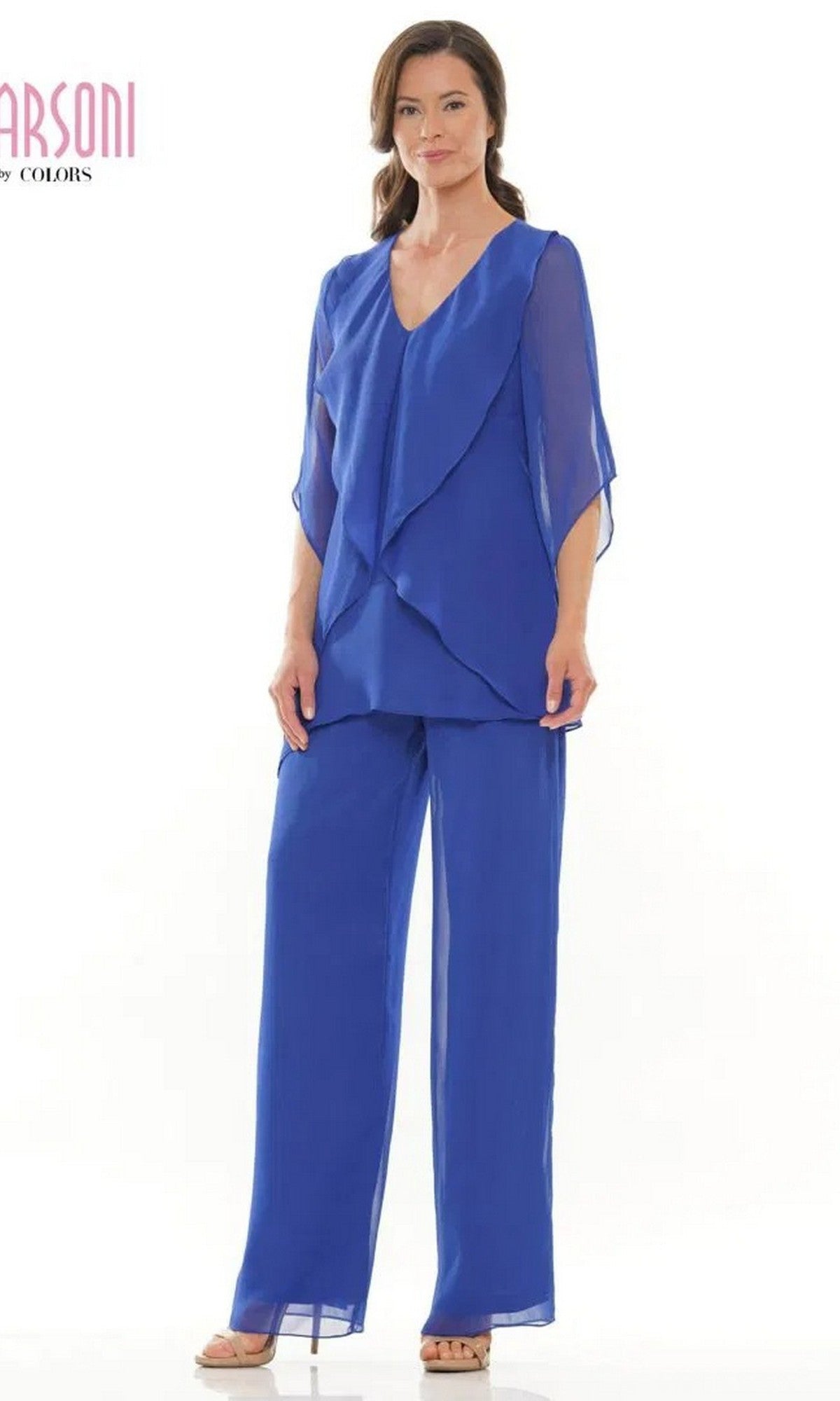 A woman models the Marsoni M308 long formal pantsuit in cobalt, featuring a layered chiffon top with matching wide-leg pants and nude heels, set against a plain white background.